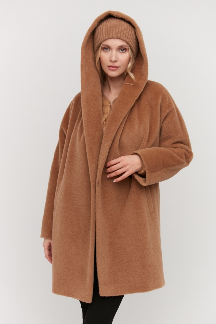 Wełniany płaszcz z kapturem alpaka luxury line camelowy
